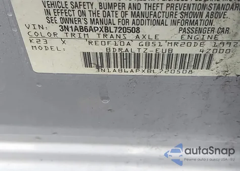 2011 Nissan Sentra 2.0Sr z USA, uszkodzony, nr VIN 3N1AB6APXBL720508